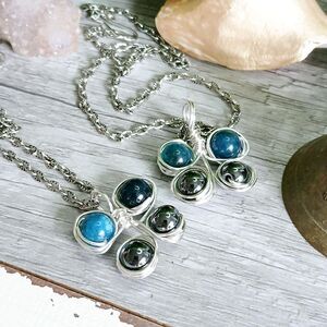 Blue Apatite & Hematite Crystal Butterfly Pendant Necklace, Gemstone Jewelry 16"